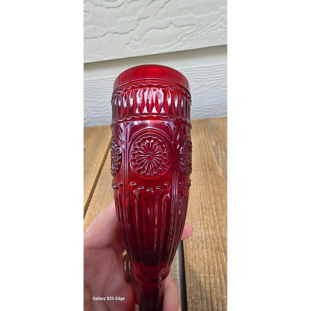 The Pioneer Woman Adeline Red Glass Goblet Embossed Sunburst Footed Water Wine
